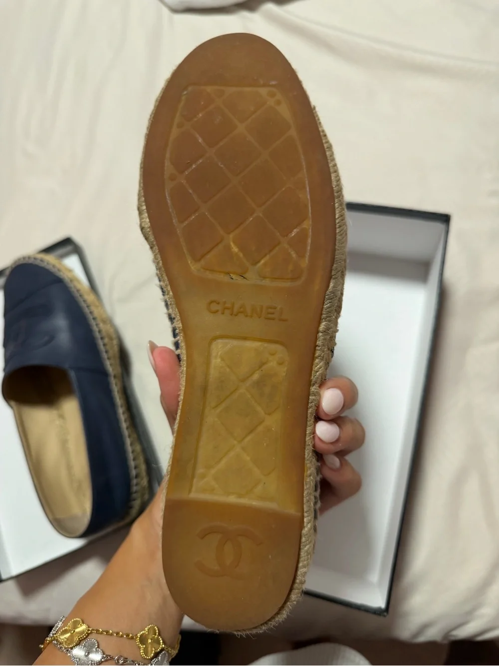 AUTHENTIC CHANEL Dark Navy Leather CC Espadrille Flats
